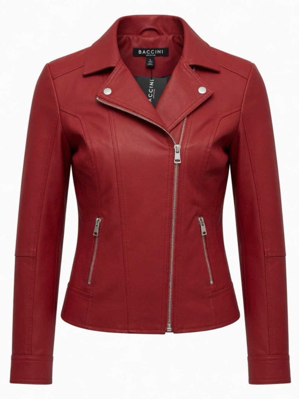 Baccini Red Leather Moto Jacket with Silver Zippers